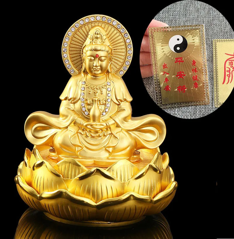 2023 HOME CAR SHOP GOOD talisman Bless safety Goddess Guanyin Bodhisattva copper buddha statue + GOOD LUCK gold card Amulet