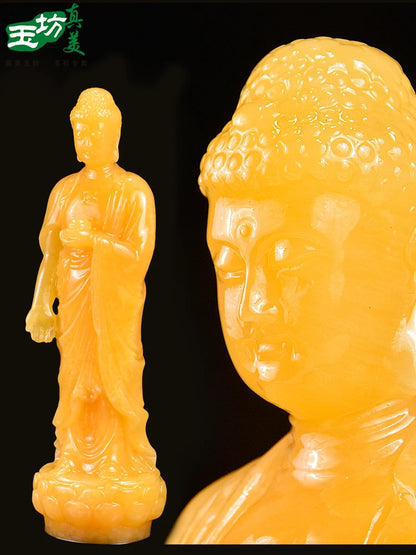 30CM Large Blessing Home family efficacious Talisman good Natural jade Buddha yellow Jade Buddha hand carving Sculpture statue
