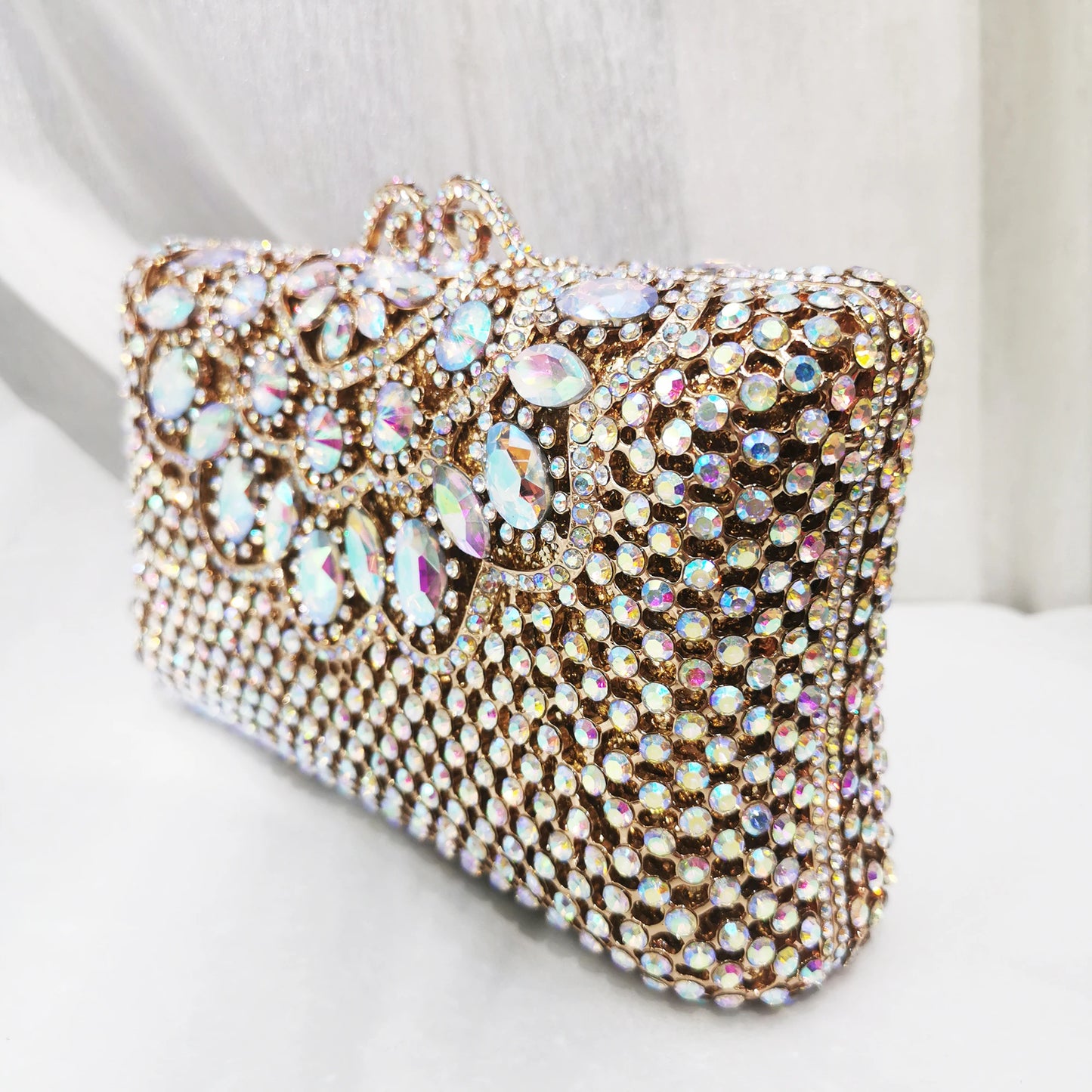 Woman Gold AB Crystal Dinner Party Evening Bag Cocktail Prom Female Hollow Floral Handbag Wedding Bridal Flower Diamond Purse