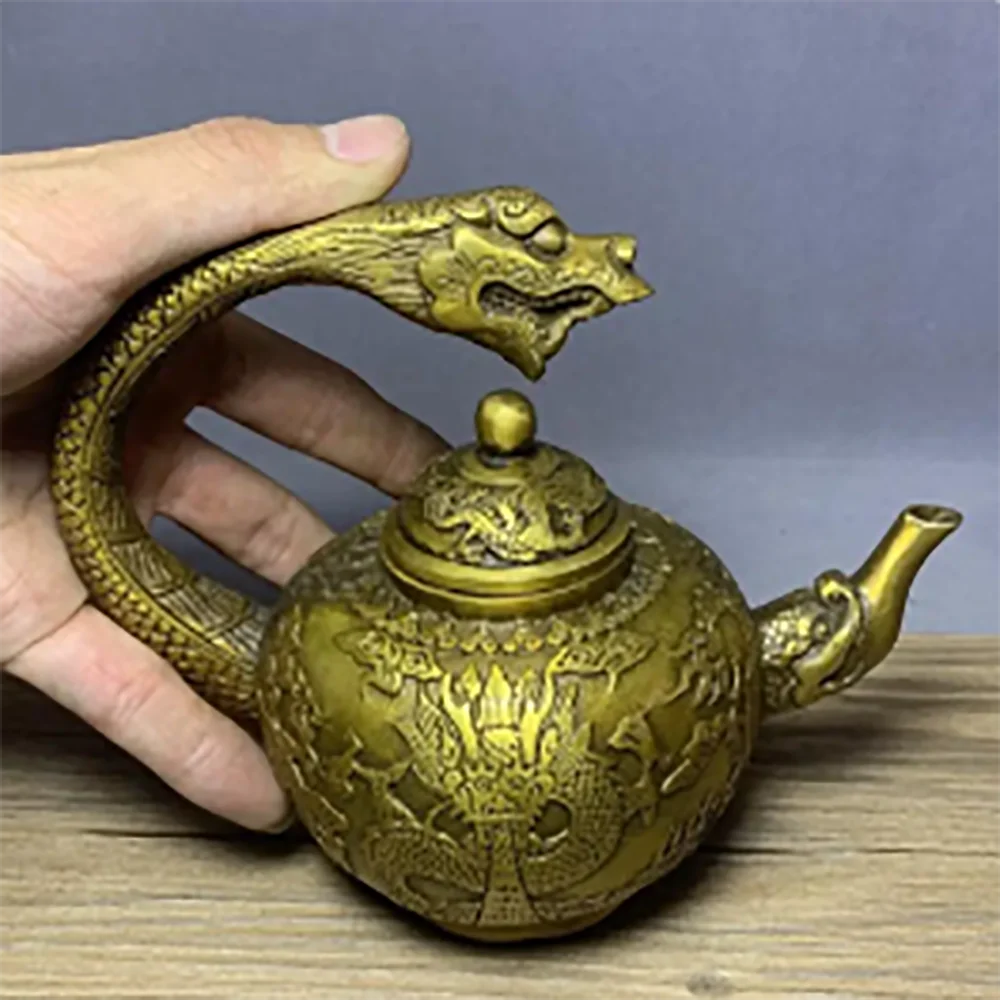 Pure copper dragon head pot Kung Fu tea set fortune attracting double dragon fortune absorbing teapot ornaments