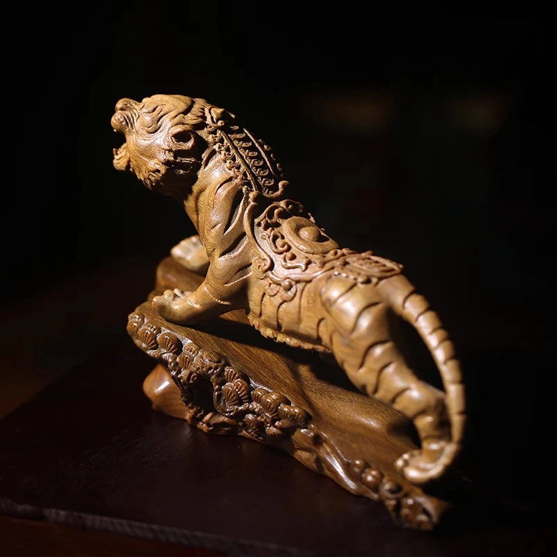 Green sandalwood statue animal Solid wood wood sculpture Zodiac tiger hand piece office home decoration
