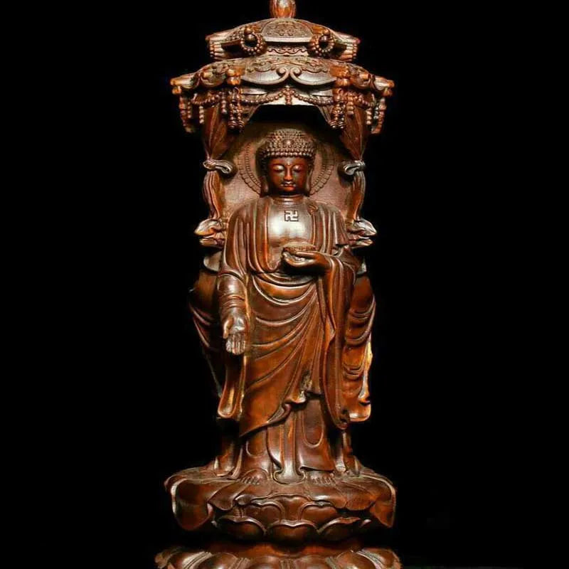 Chinese Buddhism Boxwood Wood Carving Shakyamuni Kwan-yin Guan Yin Buddha Statue