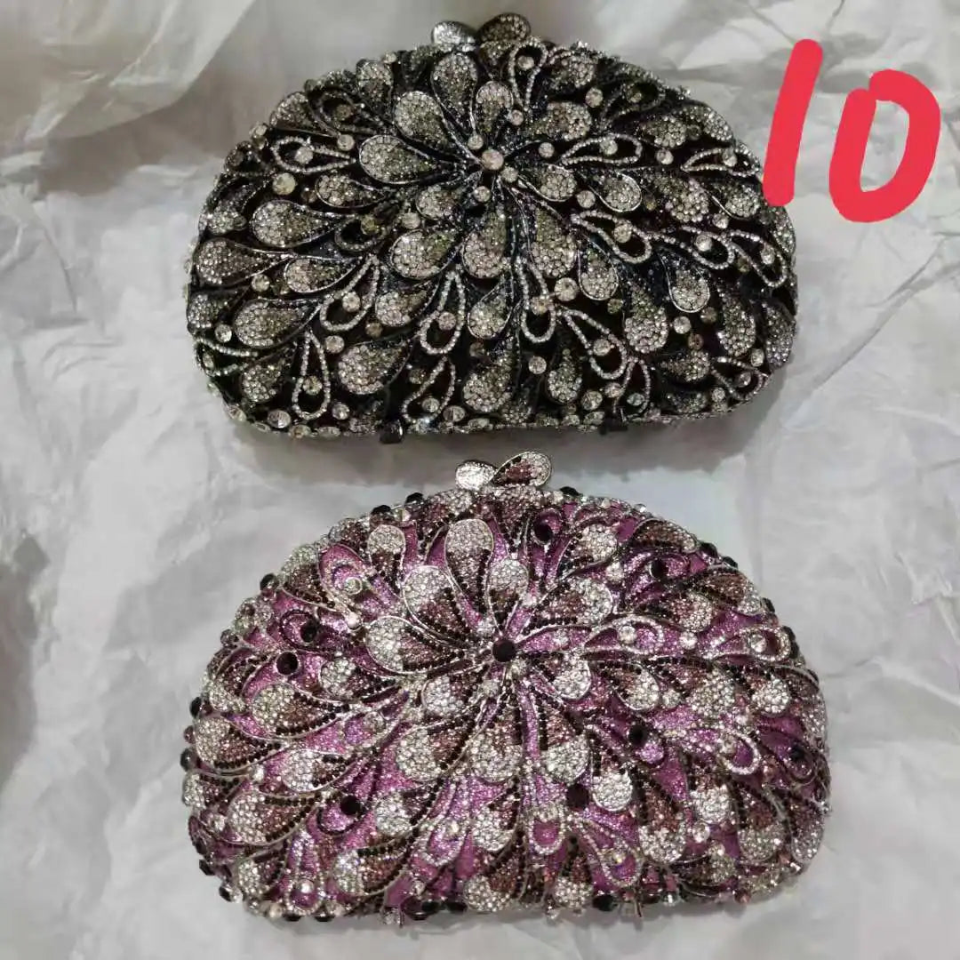 Flower Leaves Green Black Purple Rhinestone Clutch Woman Diamond Evening Purse Wedding Bridal Banquet Bag Party Crystal Handbag
