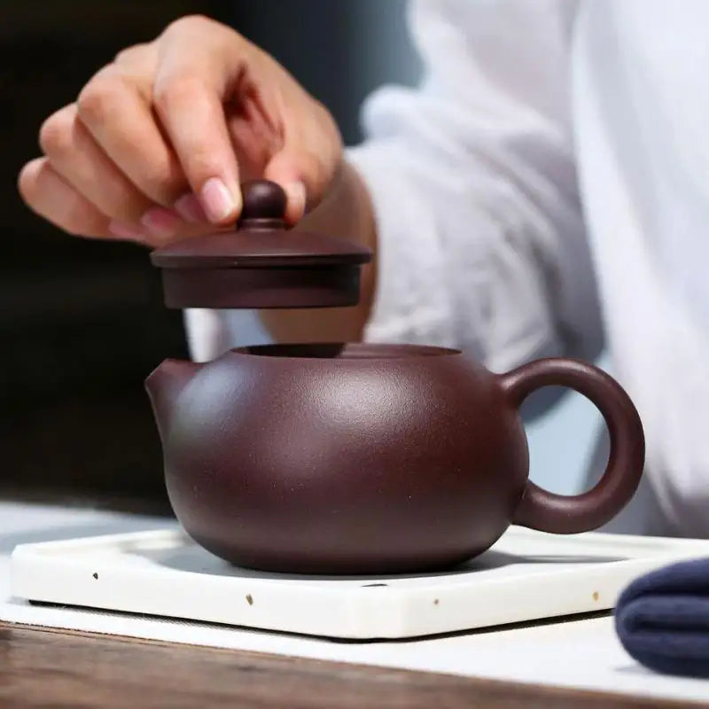 Yixing Purple Sand Pot, Raw Ore Mud Card Cover, Ball Hole, Inverted Xishi, Zisha, Handmade, Kung-Fu Teaware, 300ml