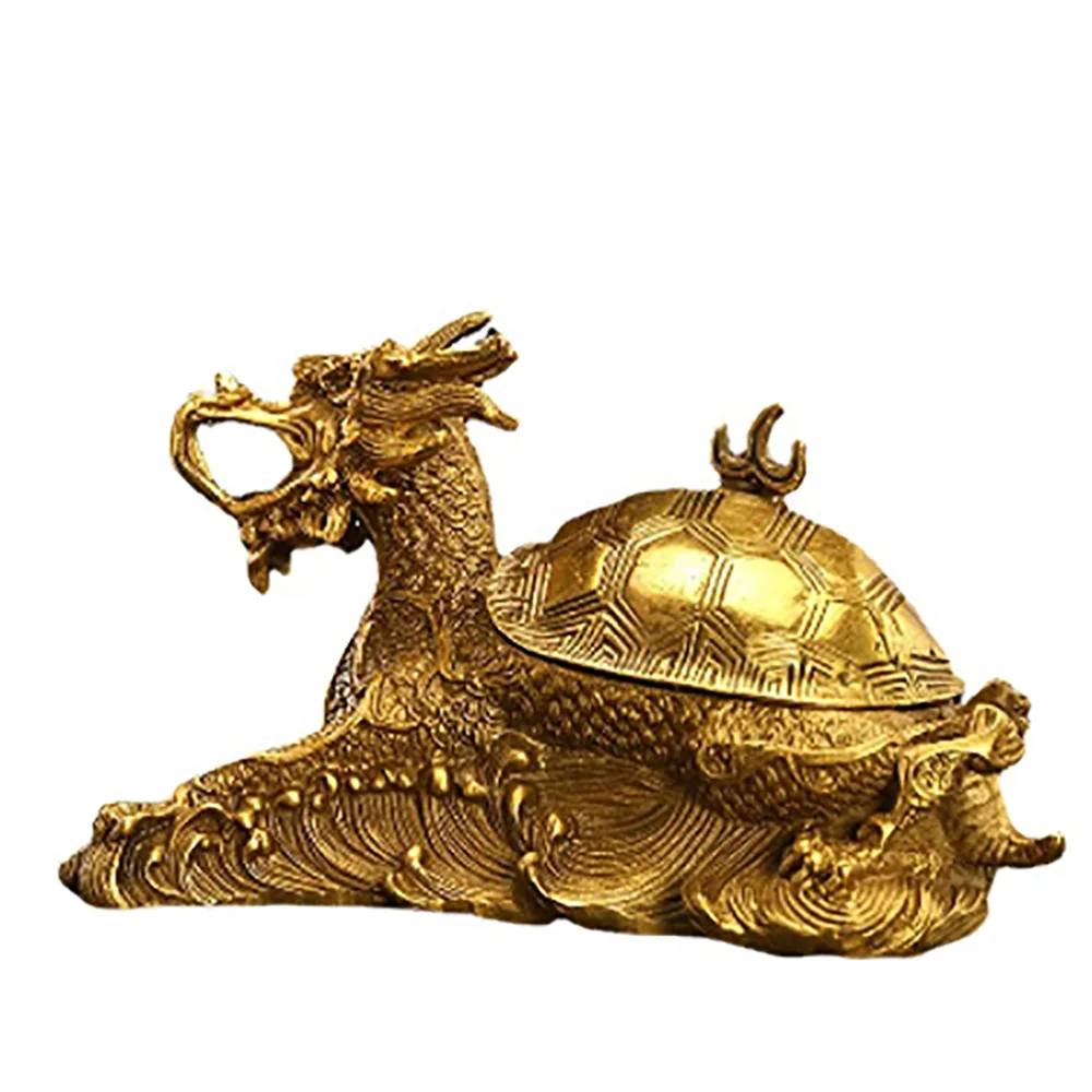 Chinese style Pure Copper Dragon Turtle Ashtray Home Office Feng Shui Furniture Furnishings