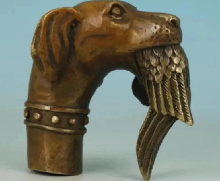 Chinese Old Bronze Hand Carved Dog Bitten Birds Statue Cane Walking Stick Head