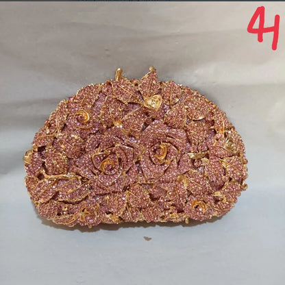 Woman Pink Diamond Flower Evening Purse Bridal Dinner Prom Floral Banquet Handbag Wedding Party Crystal Stone Floral Clutch Bag