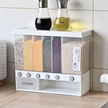 Sealed Cereal Dispenser Moisture Proof Automatic Rice Dispenser Rack Wall Mounted Dry Food Rice Splitter Bucket Kitchen Tools