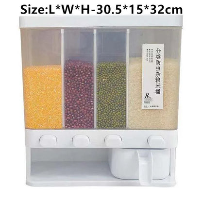 Sealed Cereal Dispenser Moisture Proof Automatic Rice Dispenser Rack Wall Mounted Dry Food Rice Splitter Bucket Kitchen Tools