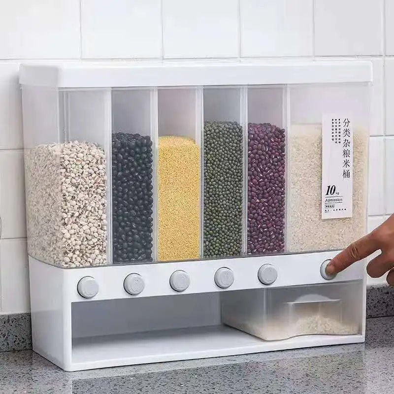 Sealed Cereal Dispenser Moisture Proof Automatic Rice Dispenser Rack Wall Mounted Dry Food Rice Splitter Bucket Kitchen Tools