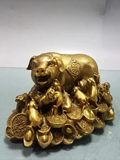 8" Folk China FengShui Brass Money Auspicious Rich Coin Bag Zodiac Dragon Statue