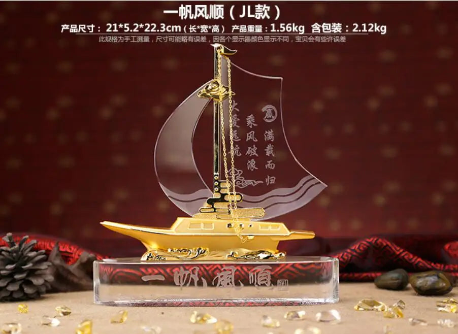 TOP GOOD Desk Business Decorative art Talisman -ALL GOOD LUCK crystal Sailboat FENG SHUI Mascot Sculpture statue