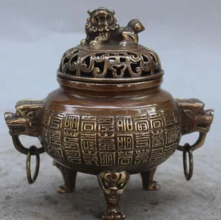 RHS0158 6 "Cina Ditandai Perunggu Fengshui Singa Naga Binatang Dupa Pembakar Patung Pedupaan