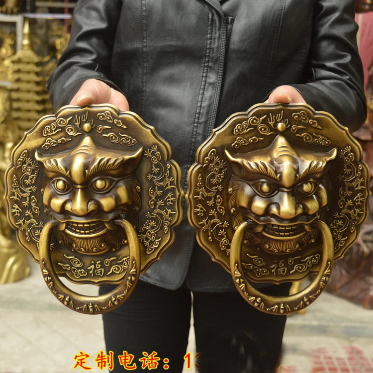 A pair # LARGE # HOME Courtyard gate TOP decoration exorcise evil spirits FENG SHUI brass lions Door handle