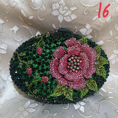 Woman Green Pink Flower Diamond Stone Bag Banquet Formal Party Crystal Floral Purse Wedding Bridal Hollow Elegant Gala Handbag