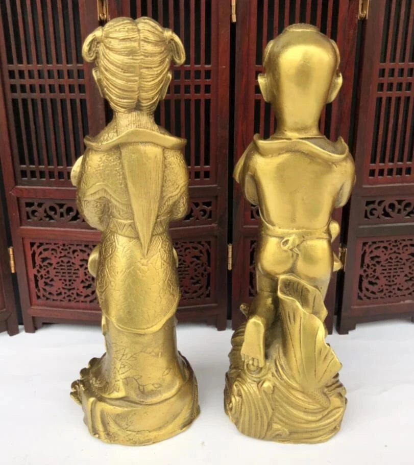 Seiko brass Golden boy and jade girl crafts statue A pair