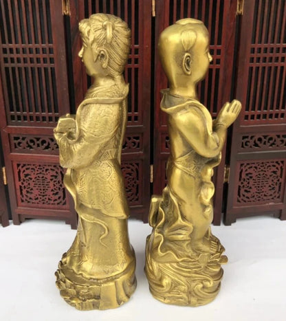 Seiko brass Golden boy and jade girl crafts statue A pair