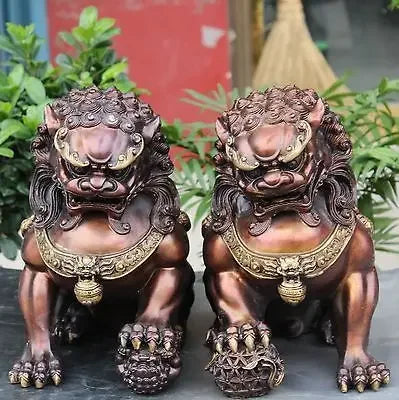 Sepasang Obat Tua 12 "Chinese Gilt Guardian Foo Fu Anjing Tahan Bola Pintu Lion Kid Patung 2Pcs dekorasi Taman