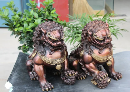 Sepasang Obat Tua 12 "Chinese Gilt Guardian Foo Fu Anjing Tahan Bola Pintu Lion Kid Patung 2Pcs dekorasi Taman