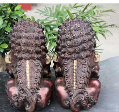 Sepasang Obat Tua 12 "Chinese Gilt Guardian Foo Fu Anjing Tahan Bola Pintu Lion Kid Patung 2Pcs dekorasi Taman