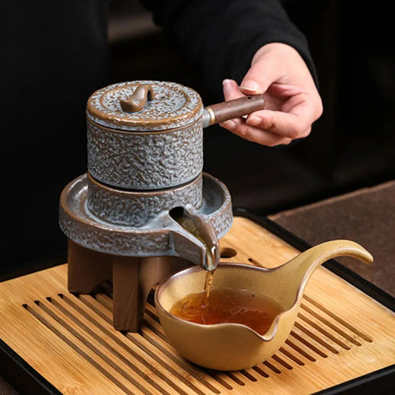 Service Automatic Stone-Mill Pottery Lazy Stone Grinding Tea Set Rotating Water Teapot Tea Maker For Ceremony Home Office Decor