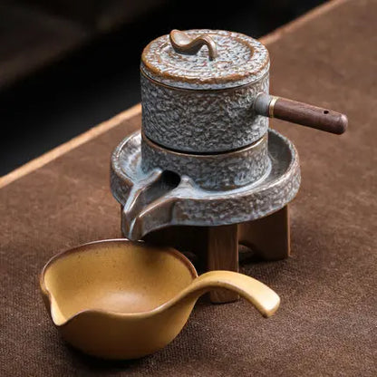 Service Automatic Stone-Mill Pottery Lazy Stone Grinding Tea Set Rotating Water Teapot Tea Maker For Ceremony Home Office Decor