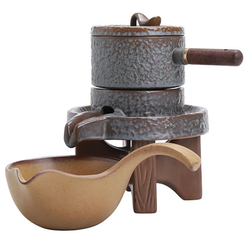 Service Automatic Stone-Mill Pottery Lazy Stone Grinding Tea Set Rotating Water Teapot Tea Maker For Ceremony Home Office Decor