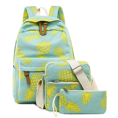 Set Fruit Pineapple Printing Female School Bagpack with Lunch Box Bags Girl Daily Laptop Bookbag Fashion Canvas Women Backpack