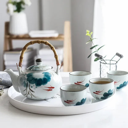 Set of Ceramic Goldfish Tea Pot Tea Cup Water Cup Lotus Design Tea Kettle Teaware Set (4 cups+1 teapot)