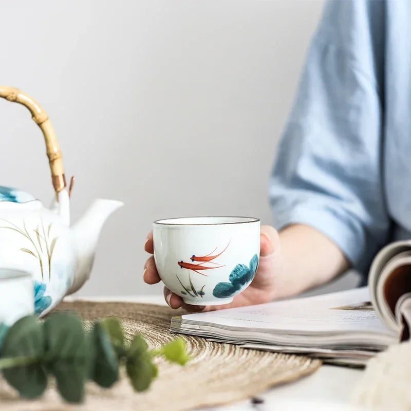 Set of Ceramic Goldfish Tea Pot Tea Cup Water Cup Lotus Design Tea Kettle Teaware Set (4 cups+1 teapot)