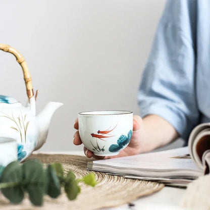 Set of Ceramic Goldfish Tea Pot Tea Cup Water Cup Lotus Design Tea Kettle Teaware Set (4 cups+1 teapot)