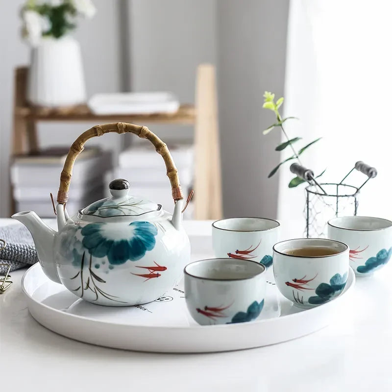 Set of Ceramic Goldfish Tea Pot Tea Cup Water Cup Lotus Design Tea Kettle Teaware Set (4 cups+1 teapot)