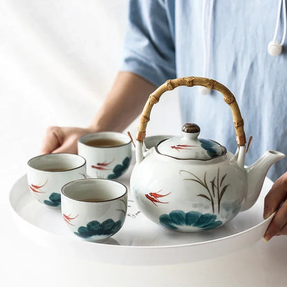 Set of Ceramic Goldfish Tea Pot Tea Cup Water Cup Lotus Design Tea Kettle Teaware Set (4 cups+1 teapot)