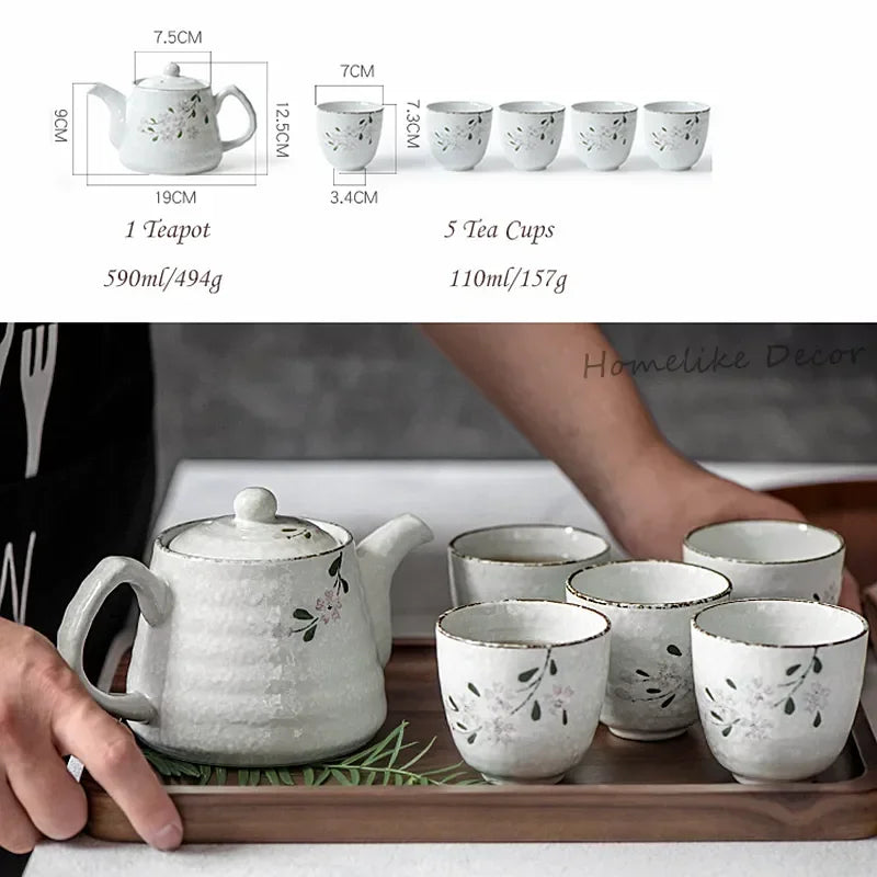 Set of Japanese Ceramic Sakura Tea Pot Tea Cup Water Cup Cherry Blossom Porcelain Kettle Teaware Set (5 cups+1 teapot)