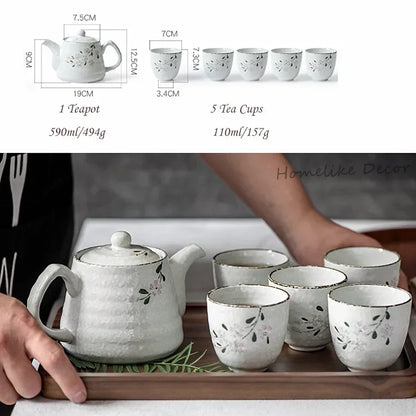 Set of Japanese Ceramic Sakura Tea Pot Tea Cup Water Cup Cherry Blossom Porcelain Kettle Teaware Set (5 cups+1 teapot)