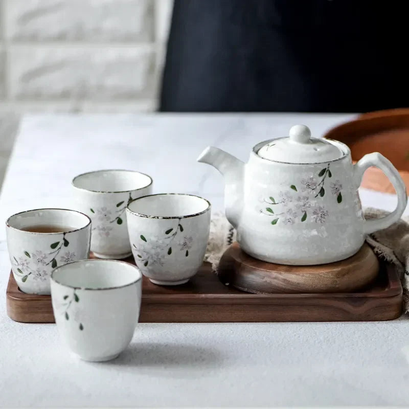 Set of Japanese Ceramic Sakura Tea Pot Tea Cup Water Cup Cherry Blossom Porcelain Kettle Teaware Set (5 cups+1 teapot)