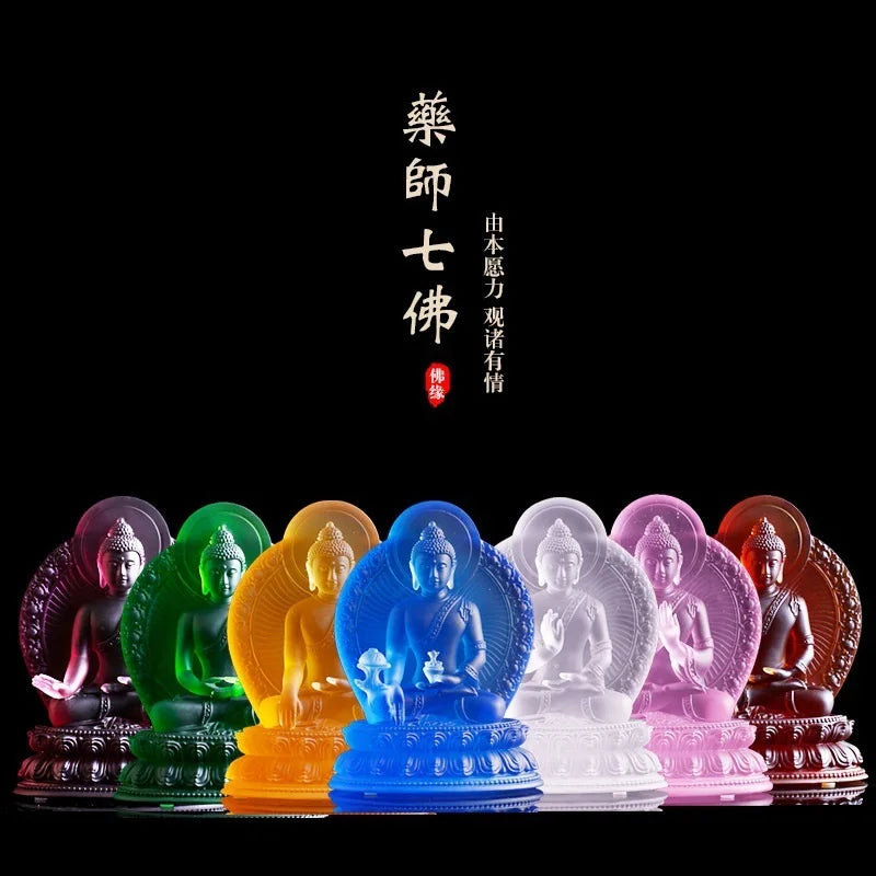 Seven Colors Coloured Glaze Medicine Buddha Seven Different Gestures Tathagata Buddha Statue Ornament