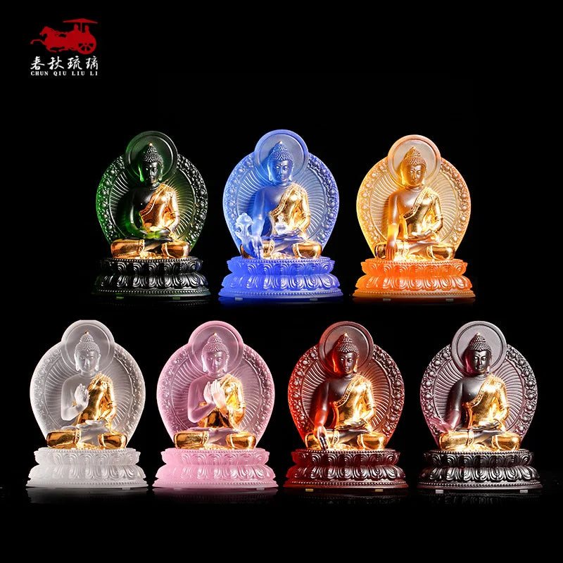Seven Colors Coloured Glaze Medicine Buddha Seven Different Gestures Tathagata Buddha Statue Ornament