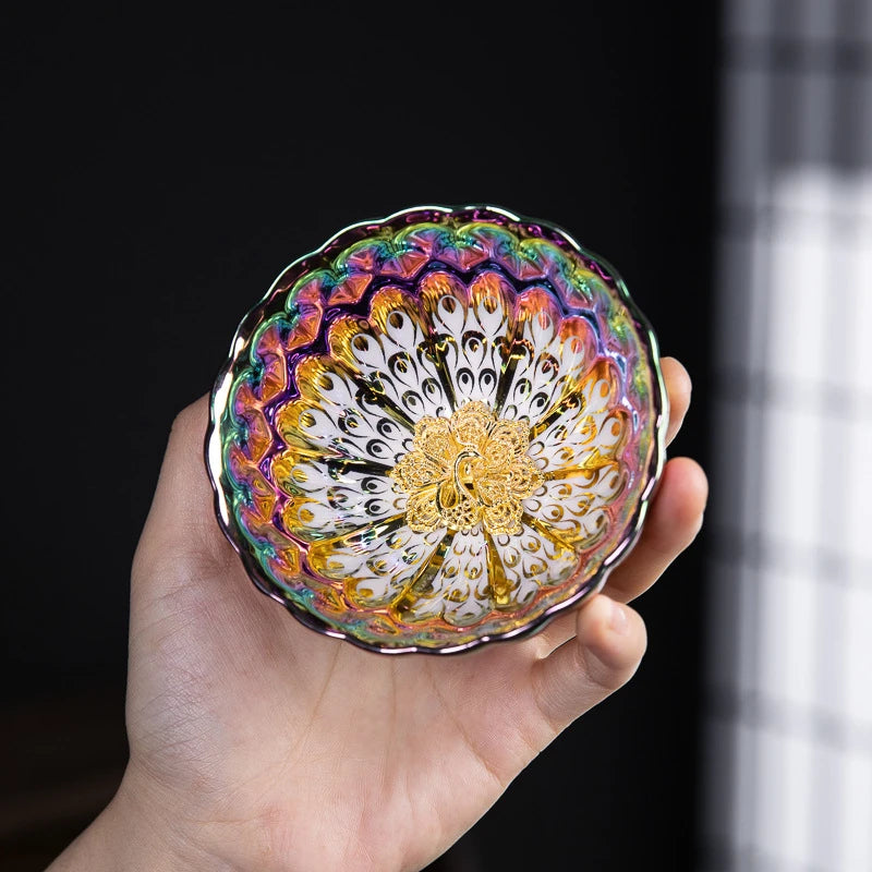 Seven-color Demon Concubine Inlaid With Golden Lotus and Peacock Gold-plated Jiancup Ceramic Kung Fu Teacup Kiln Tea Tasting Cup