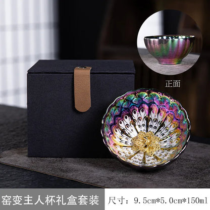 Seven-color Demon Concubine Inlaid With Golden Lotus and Peacock Gold-plated Jiancup Ceramic Kung Fu Teacup Kiln Tea Tasting Cup