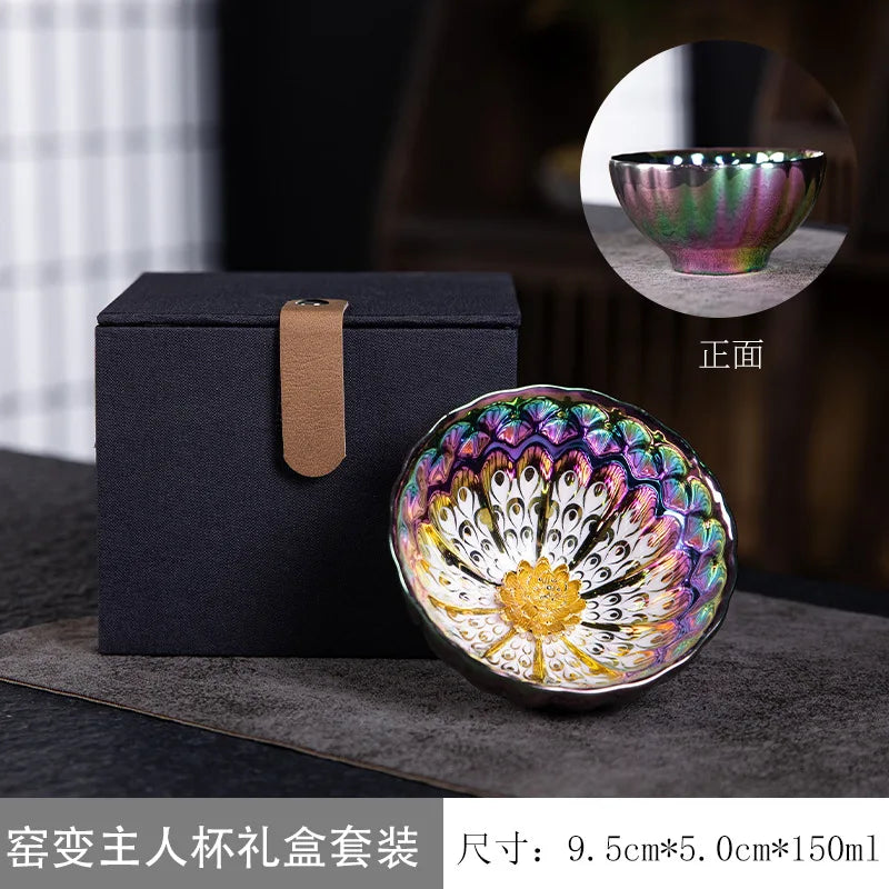 Seven-color Demon Concubine Inlaid With Golden Lotus and Peacock Gold-plated Jiancup Ceramic Kung Fu Teacup Kiln Tea Tasting Cup