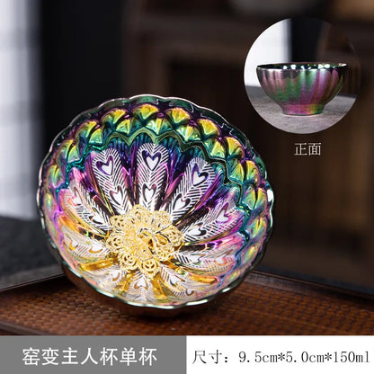Seven-color Demon Concubine Inlaid With Golden Lotus and Peacock Gold-plated Jiancup Ceramic Kung Fu Teacup Kiln Tea Tasting Cup