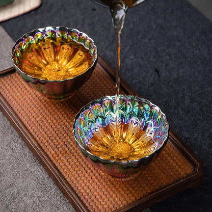 Seven-color Demon Concubine Inlaid With Golden Lotus and Peacock Gold-plated Jiancup Ceramic Kung Fu Teacup Kiln Tea Tasting Cup