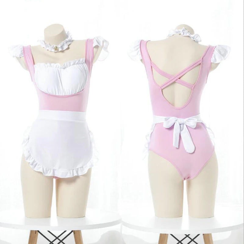 Sexy Maid Bodysuit Costume Women Girls Erotic Jumpsuits Backless Roleplay Lingerie Maid Cafe Uniform