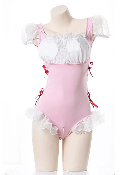 Sexy Maid Bodysuit Costumes Women Girls Erotic Lace Backless Open zipper Roleplay Lingerie Uniform