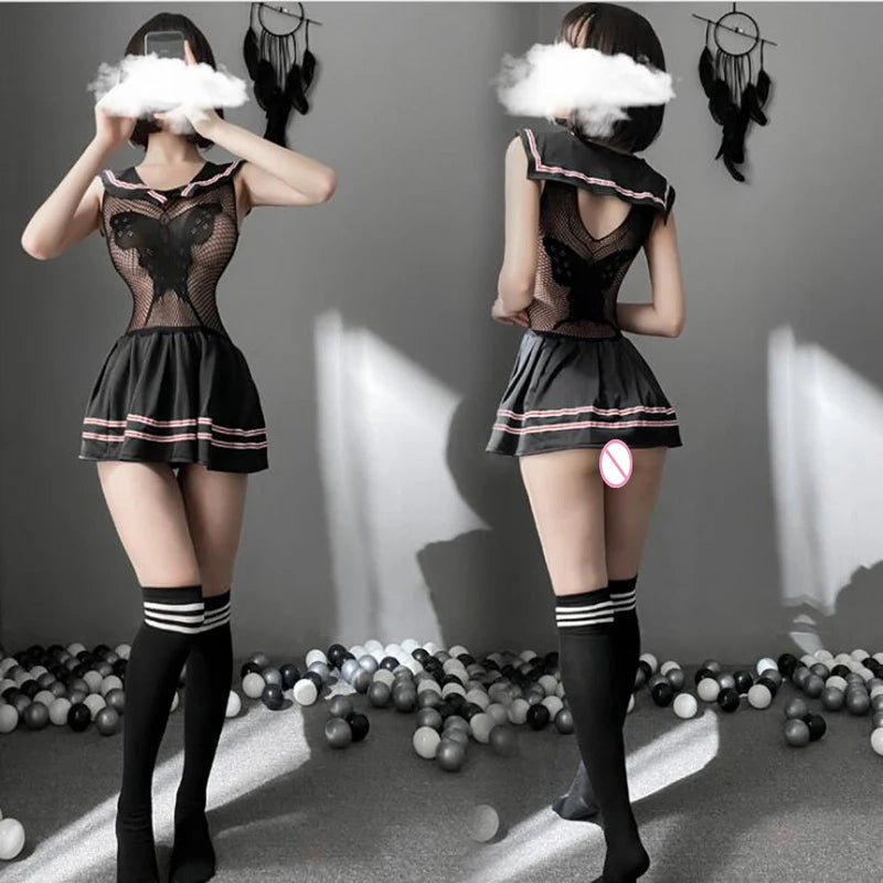 Sexy Student Sailor Uniform Costume Erotic Transparent Gauze Shirt Butterfly Lingerie Girls Role Play Pleated Miniskirt Outfit