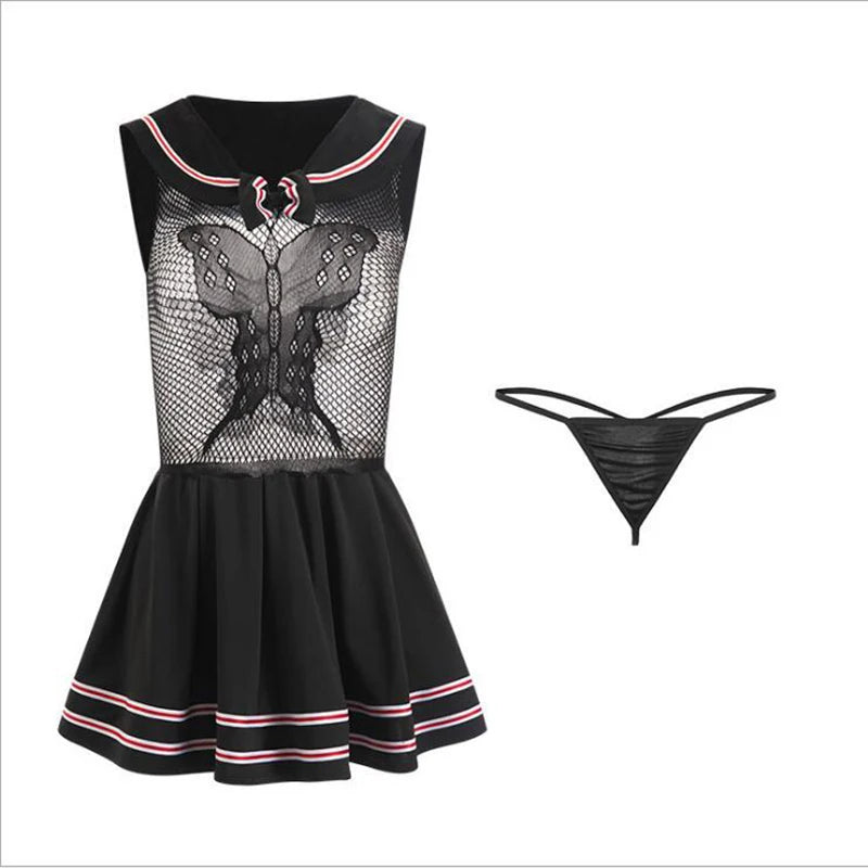 Sexy Student Sailor Uniform Costume Erotic Transparent Gauze Shirt Butterfly Lingerie Girls Role Play Pleated Miniskirt Outfit
