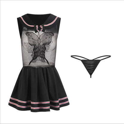 Sexy Student Sailor Uniform Costume Erotic Transparent Gauze Shirt Butterfly Lingerie Girls Role Play Pleated Miniskirt Outfit