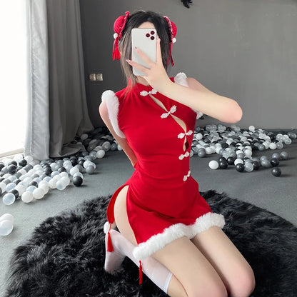 Sexy Women Red Velours Chi-pao Christmas Backless Sheath Dress Sweet Roleplay Bodysuit Clubwear