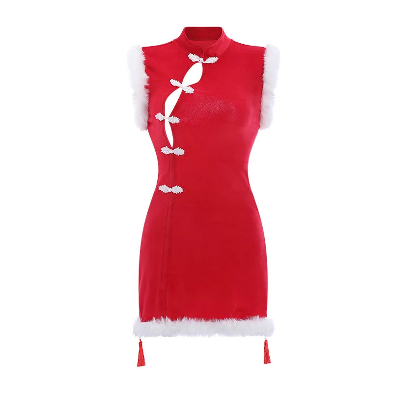 Sexy Women Red Velours Chi-pao Christmas Backless Sheath Dress Sweet Roleplay Bodysuit Clubwear
